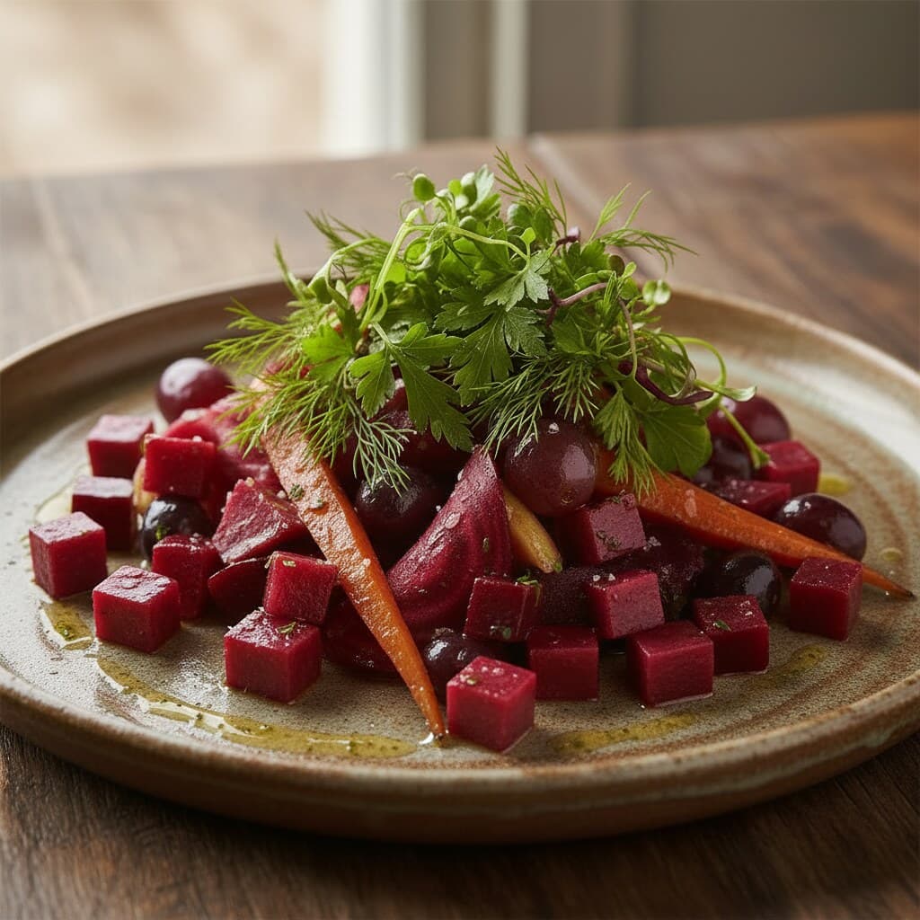 Diced beetroot and carrot salad topped with fresh herbs